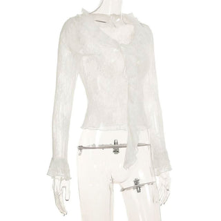 Long sleeve ruffle lace see through top