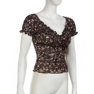 Short shoulder flower print ruffle top