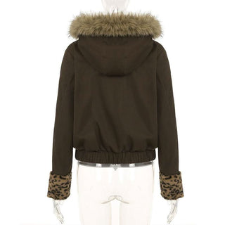 Fluffy hoodie long sleeve leopard print pocket zip-up top