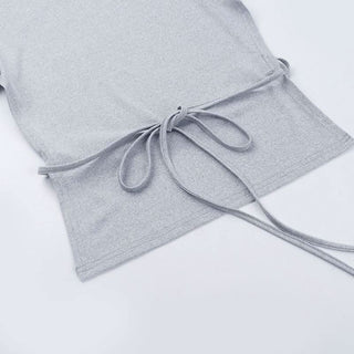 Short sleeve crewneck self tie backless top