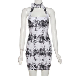 Halter snake print buckle backless mini dress