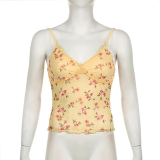 V neck lace hem flower print mesh ruffle cami top