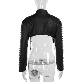 High neck PU leather zip-up hollow out shrug cut out top