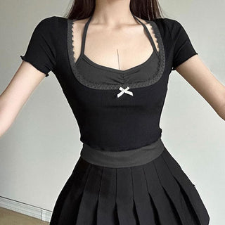 Short sleeve halter lace hem bowknot ribbed 2 piece top