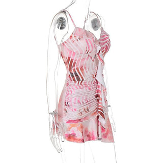V neck ruffle ruched print backless cami mini dress
