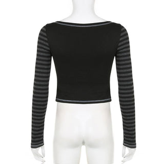 Striped patchwork long sleeve contrast stitch top