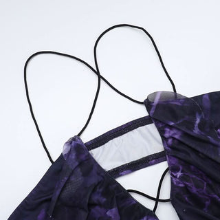 Cross back print ruffle slit spaghetti strap maxi dress