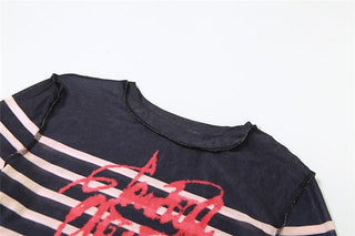Striped long sleeve contrast sheer mesh see through top