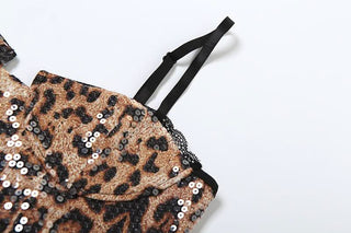 Leopard print lace hem glitter cami crop top