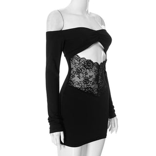 Off shoulder long sleeve hollow out lace cut out mini dress