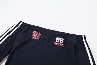 Off shoulder long sleeve lace hem embroidery top