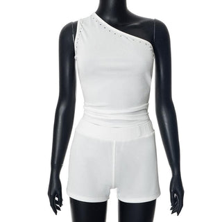 One shoulder irregular beaded ruched pant set