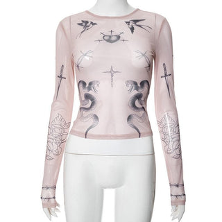 Long sleeve angel print sheer mesh crewneck top