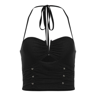 Halter ruched hollow out beaded cut out top