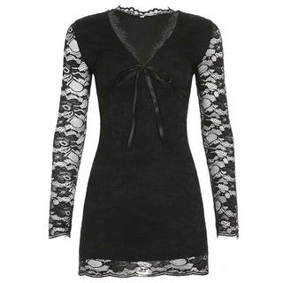 V neck long sleeve lace self tie mini dress