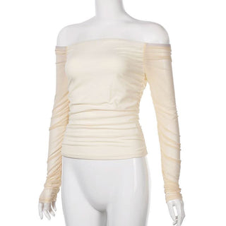 Long sleeve off shoulder mesh ruched top
