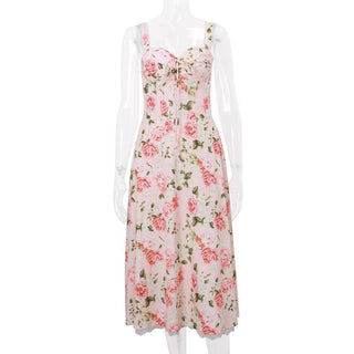 Rose print knotted ruched lace hem cami midi dress