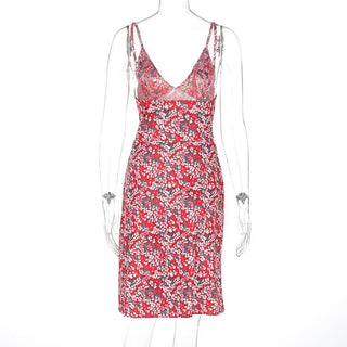 V neck flower print pleated cami mini dress