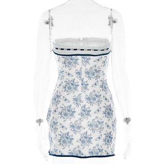 Lace hem flower print contrast button tube mini dress
