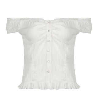 Off shoulder ruched button ruffle top