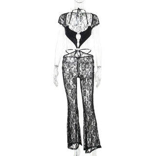 Short sleeve halter o ring lace hollow out jumpsuit