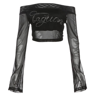 Long sleeve off shoulder mesh letter pattern beaded top