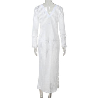 Long sleeve v neck lace slit knitted midi dress