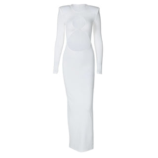 Long sleeve crewneck padded hollow out slit cut out maxi dress