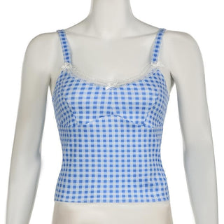 Lace hem plaid backless bowknot cami top