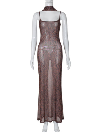 Tiger print sheer mesh cami maxi dress