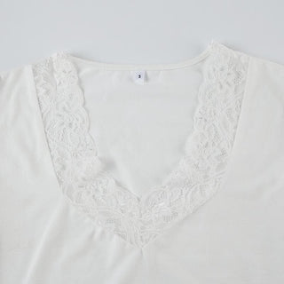 V neck cap sleeve lace hem top