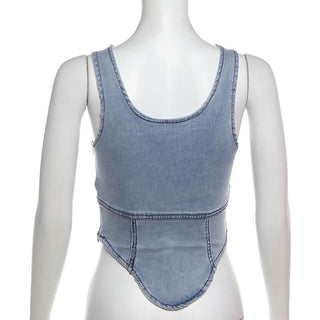 Denim square neck zip-up sleeveless tank top