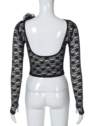 Long sleeve lace flower applique backless top