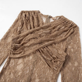 Long sleeve ruched lace zip-up see through 2 piece jumpsuit