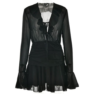 V neck long sleeve chiffon ruched ruffle mini dress