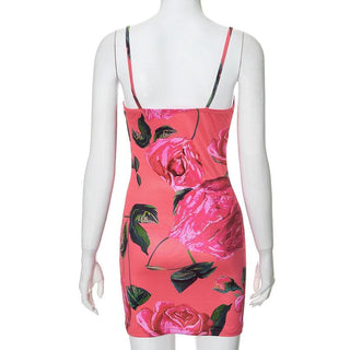 Rose print v neck backless cami mini dress