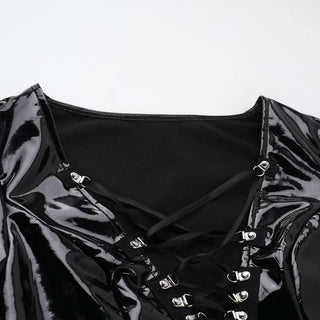 Long flared sleeve PU leather cross front bodysuit