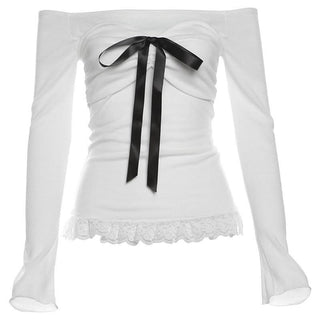 Long sleeve bowknot off shoulder lace hem ruched top