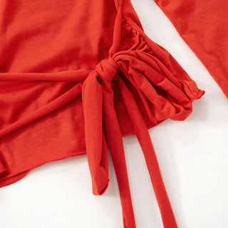 One shoulder irregular long sleeve ruched self tie top