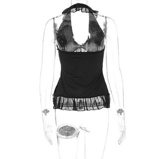 Halter ruffle ruched mesh solid crop top