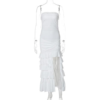 Ruffle ruched slit backless tube midi dress