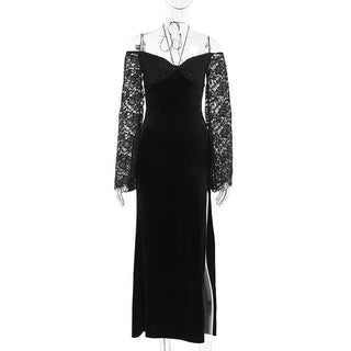 Long sleeve off shoulder velvet slit maxi dress