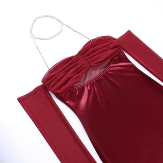 Mesh gloves solid halter ruched hollow out off shoulder cut out mini dress