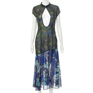 Short sleeve hollow out slit butterfly print see through cut out midi dress