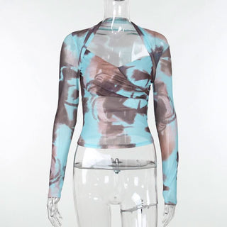 Long sleeve tie dye mesh top