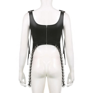Square neck self tie PU leather o ring zip-up sleeveless crop top - Final Sale-final-sale