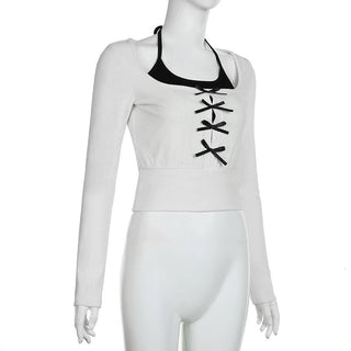 Long sleeve bowknot halter ruched 2 piece top