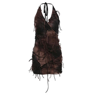 Halter tie dye v neck tassels mini dress