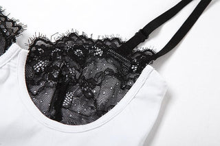 Lace patchwork backless low cut contrast cami crop top