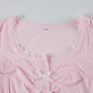 Long sleeve bowknot button crop top